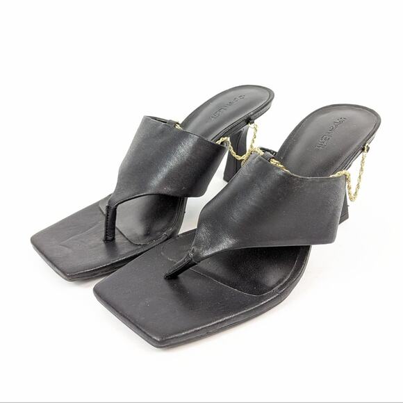 Open Edit Quentin Black Gold Chain Square Toe Heeled Sandal Size 7.5 - Picture 1 of 9